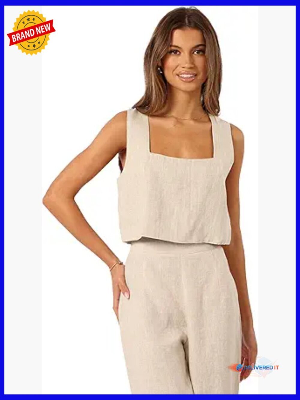 Linen Square Neck Cropped Tank Top Sleeveless Relaxed Fit Summer Staple